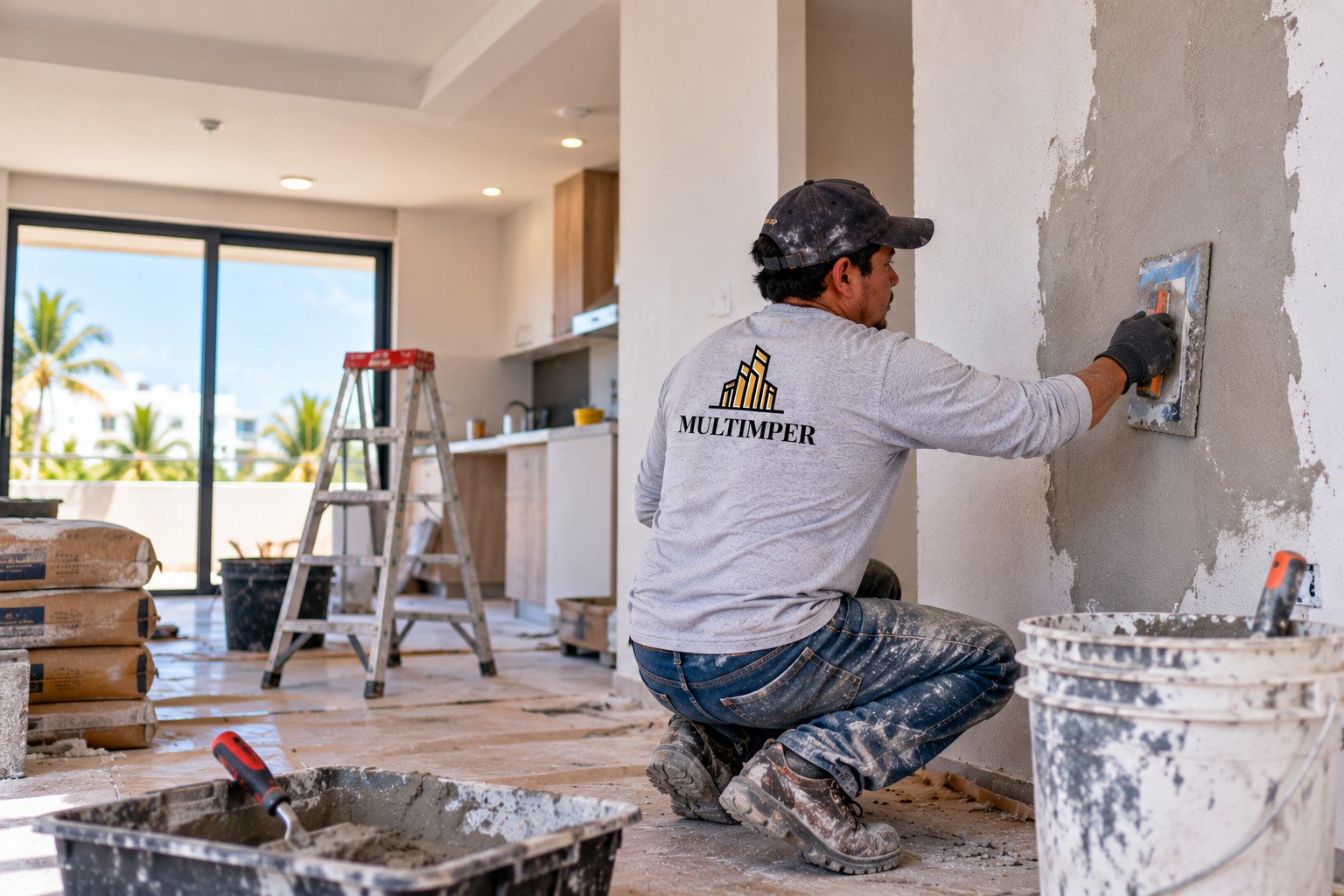 Trabajador alisando un muro durante un trabajo de albañilería